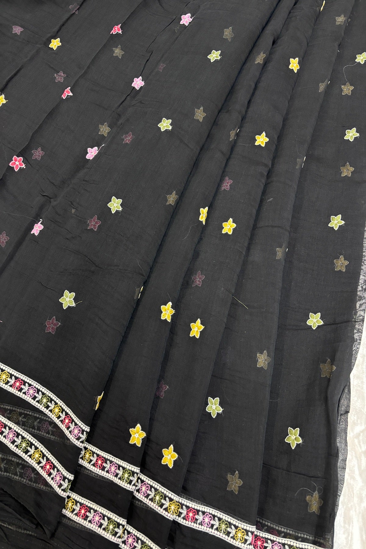 Tiny Flowers With Double Borders Embroidered Pure Mul Chanderi Fabric