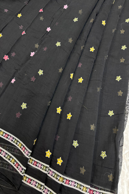 Tiny Flowers With Double Borders Embroidered Pure Mul Chanderi Fabric