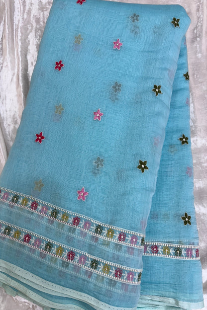 Tiny Flowers With Double Borders Embroidered Pure Mul Chanderi Fabric