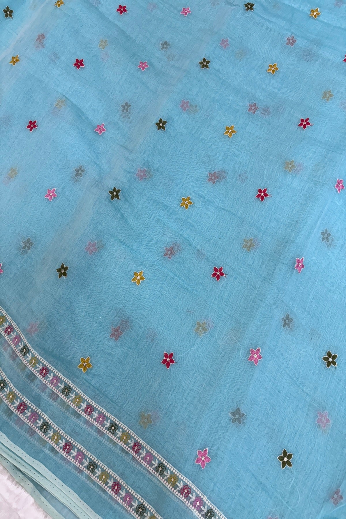 Tiny Flowers With Double Borders Embroidered Pure Mul Chanderi Fabric