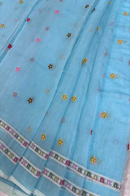 Tiny Flowers With Double Borders Embroidered Pure Mul Chanderi Fabric