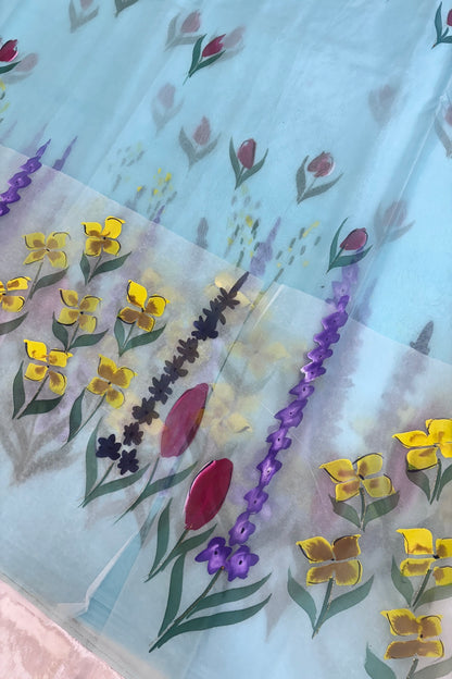 Pastel Sky Blue Wild Floral Hand Painted Organza Saree