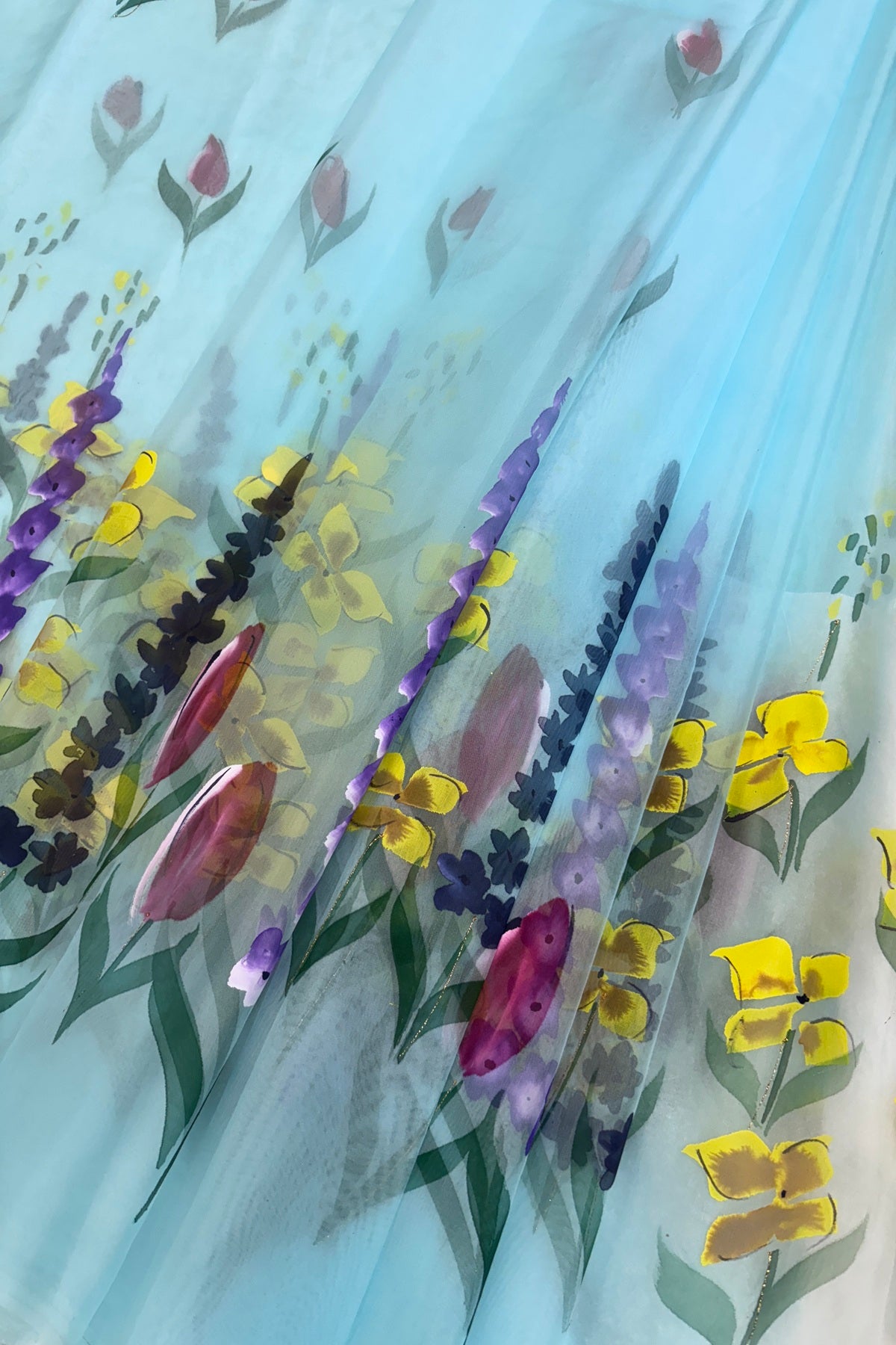 Pastel Sky Blue Wild Floral Hand Painted Organza Saree