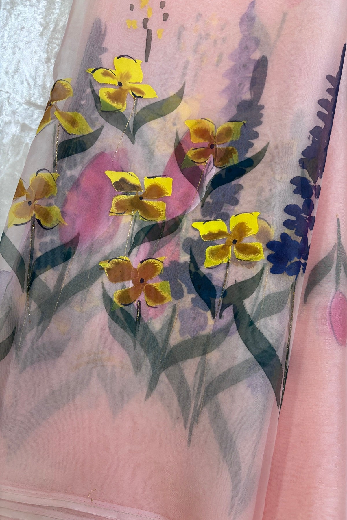 Light peach Wild Floral Hand Painted Organza Saree