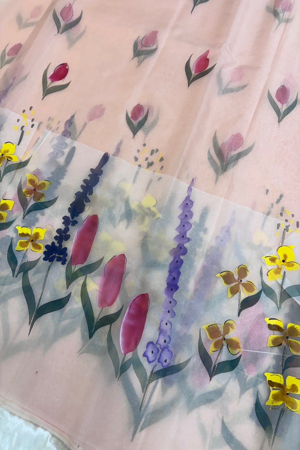 Light peach Wild Floral Hand Painted Organza Saree