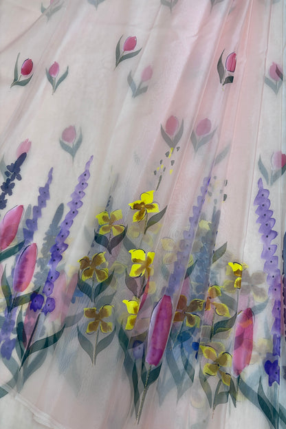 Baby Pink Wild Floral Hand Painted Organza Saree