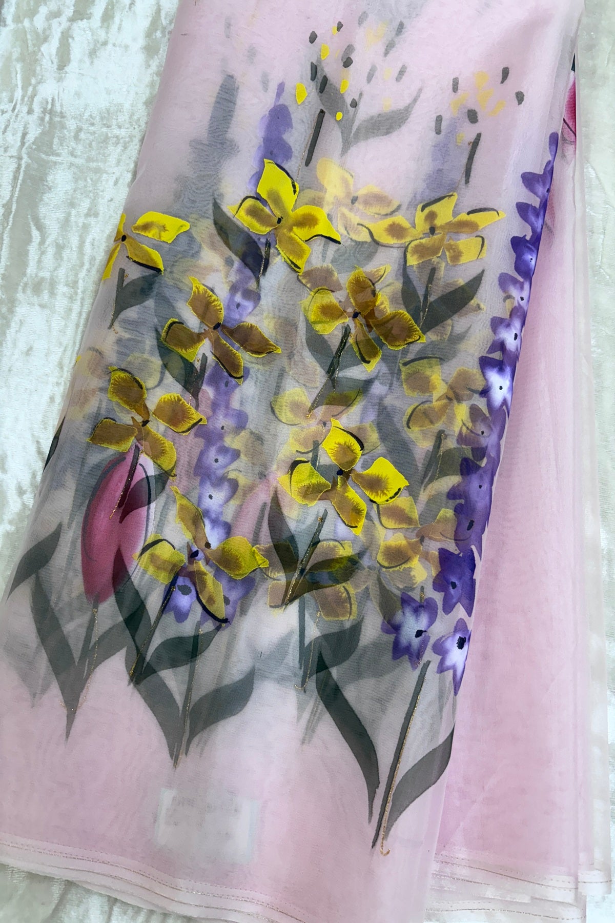 Baby Pink Wild Floral Hand Painted Organza Saree