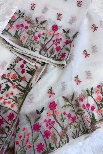 Vibrant Red & Peach Floral Off White Floral Pure Mul Chanderi Dupatta