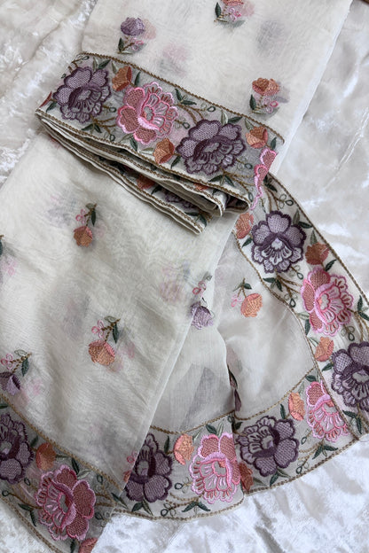 Pink & Violet Floral Off White Pure Mul Chanderi Dupatta