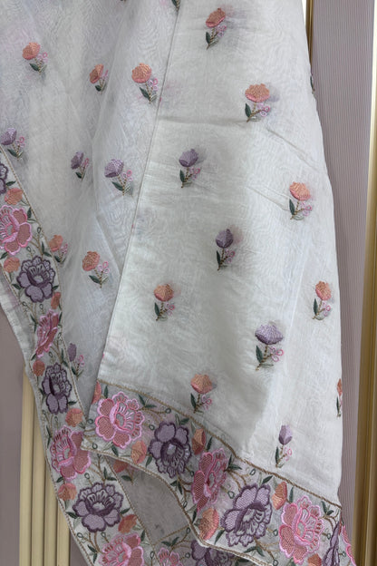 Pink & Violet Floral Off White Pure Mul Chanderi Dupatta