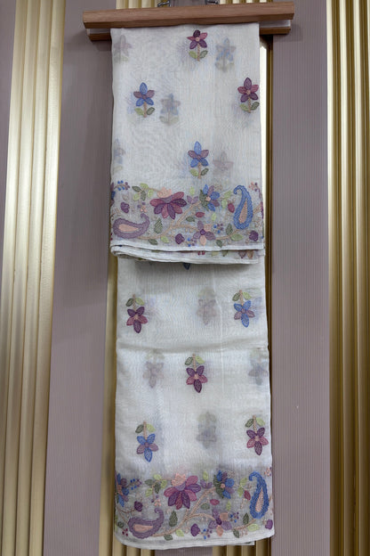 Multicolor Pastel Floral With Mangoes Off White Pure Mul Chanderi Dupatta