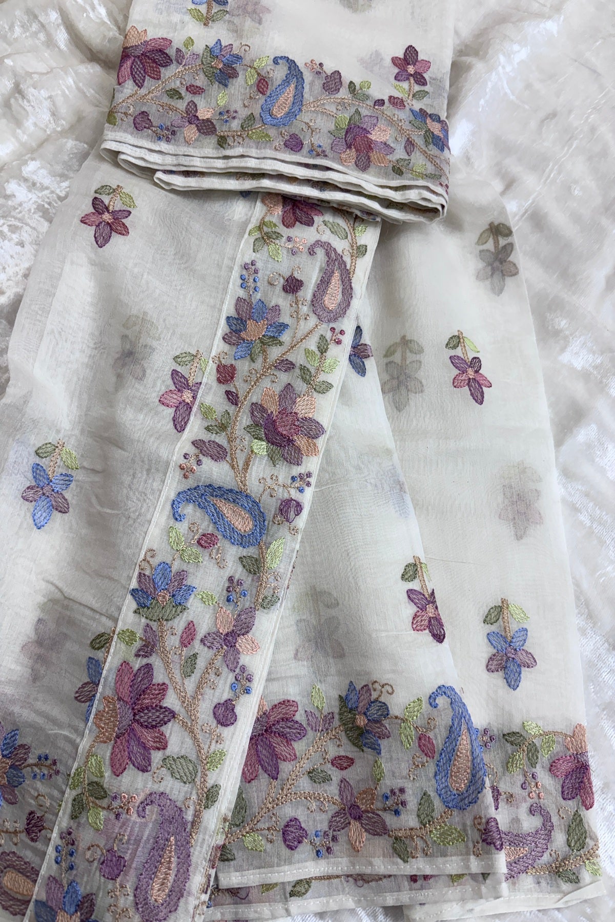 Multicolor Pastel Floral With Mangoes Off White Pure Mul Chanderi Dupatta