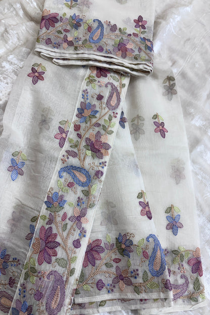 Multicolor Pastel Floral With Mangoes Off White Pure Mul Chanderi Dupatta