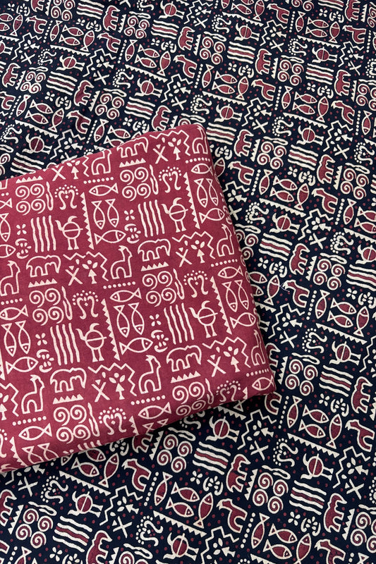 Warli Art Theme Ajrak Printed Pure Cotton Fabric