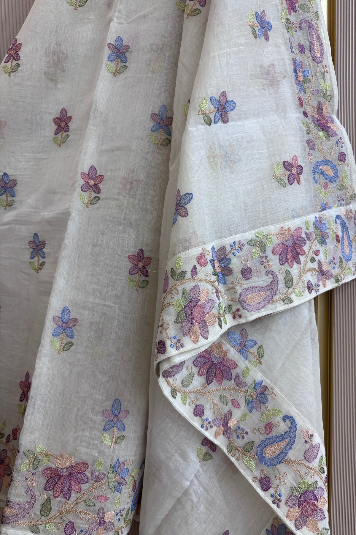 Multicolor Pastel Floral With Mangoes Off White Pure Mul Chanderi Dupatta