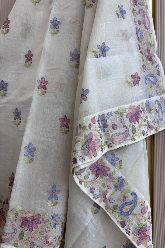 Multicolor Pastel Floral With Mangoes Off White Pure Mul Chanderi Dupatta