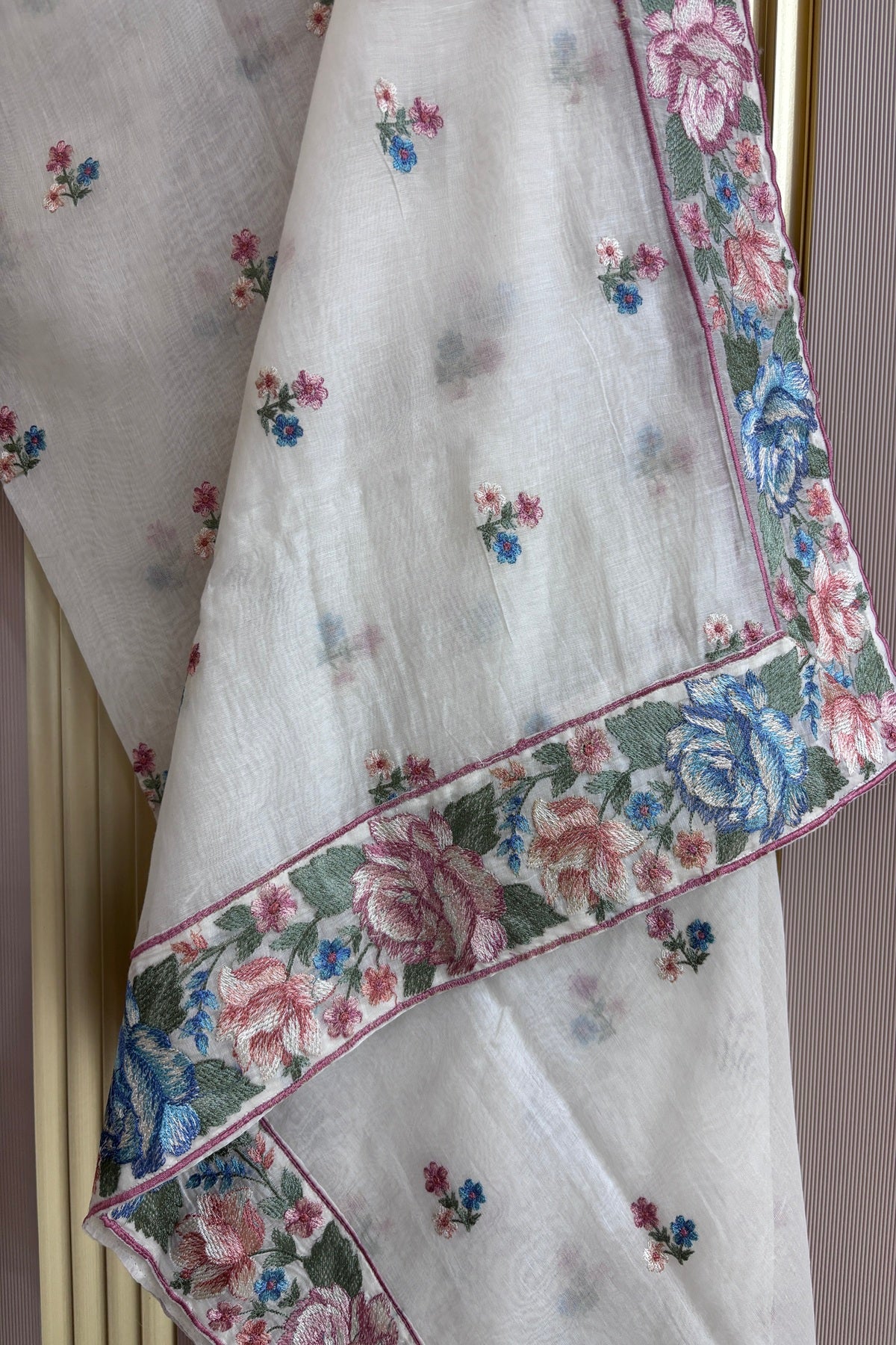 Pink & Blue Rose Floral Off White Pure Mul Chanderi Dupatta