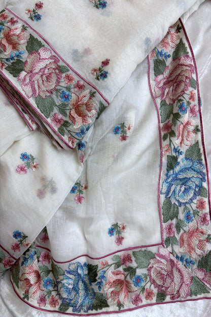 Pink & Blue Rose Floral Off White Pure Mul Chanderi Dupatta