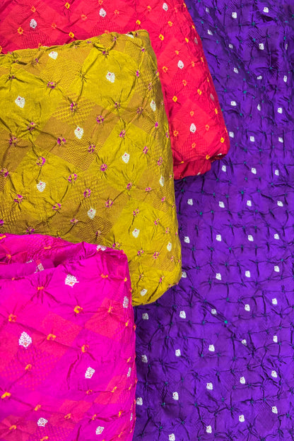 Pure Silk Embossed Zari Woven Bandhani Fabric With Gold Zari Meenakari Motifs