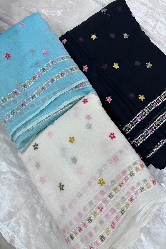Tiny Flowers With Double Borders Embroidered Pure Mul Chanderi Fabric