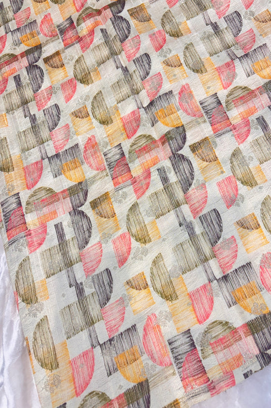 Ivory Geometrical Printed Zari Butties On Pure Rawsilk Fabric