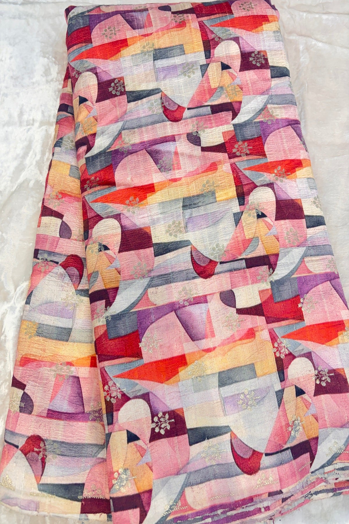 Multicolored Geometrical Printed Zari Butties On Pure Rawsilk Fabric