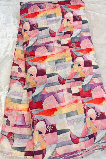 Multicolored Geometrical Printed Zari Butties On Pure Rawsilk Fabric