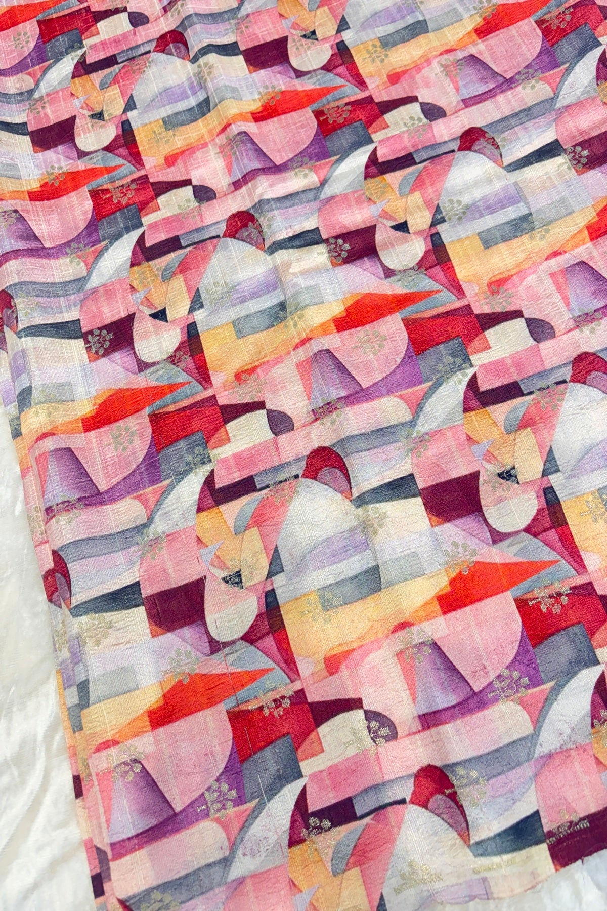 Multicolored Geometrical Printed Zari Butties On Pure Rawsilk Fabric