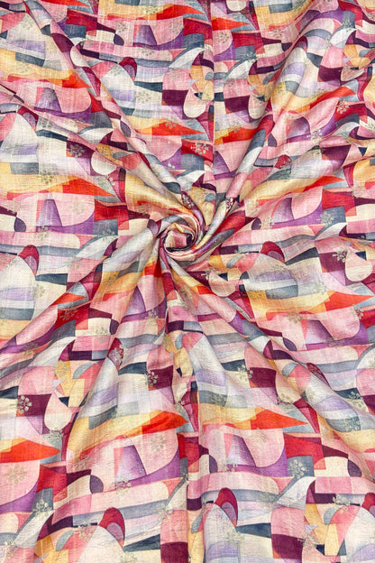 Multicolored Geometrical Printed Zari Butties On Pure Rawsilk Fabric