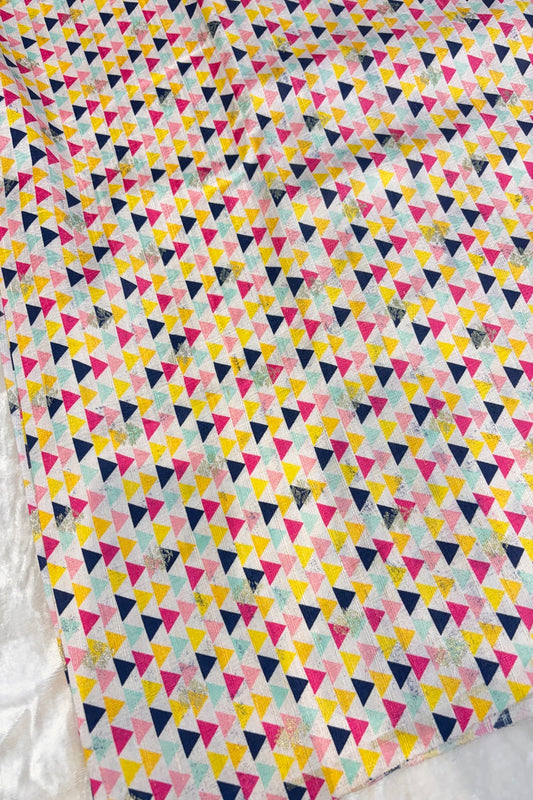 Multicolored Triangles Printed Zari Butties On Pure Rawsilk Fabric