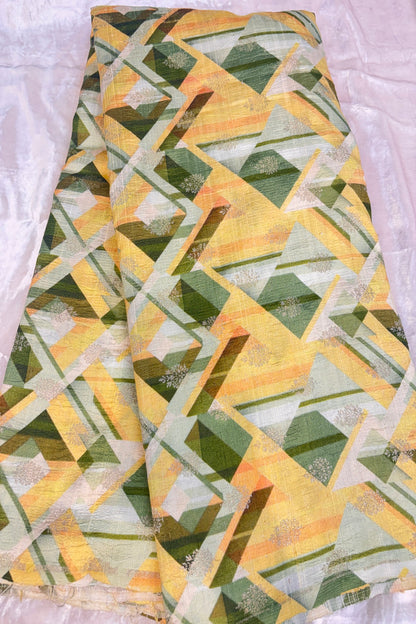 Hues Of Green & Yellow Geometrical Printed Zari Butties On Pure Rawsilk Fabric
