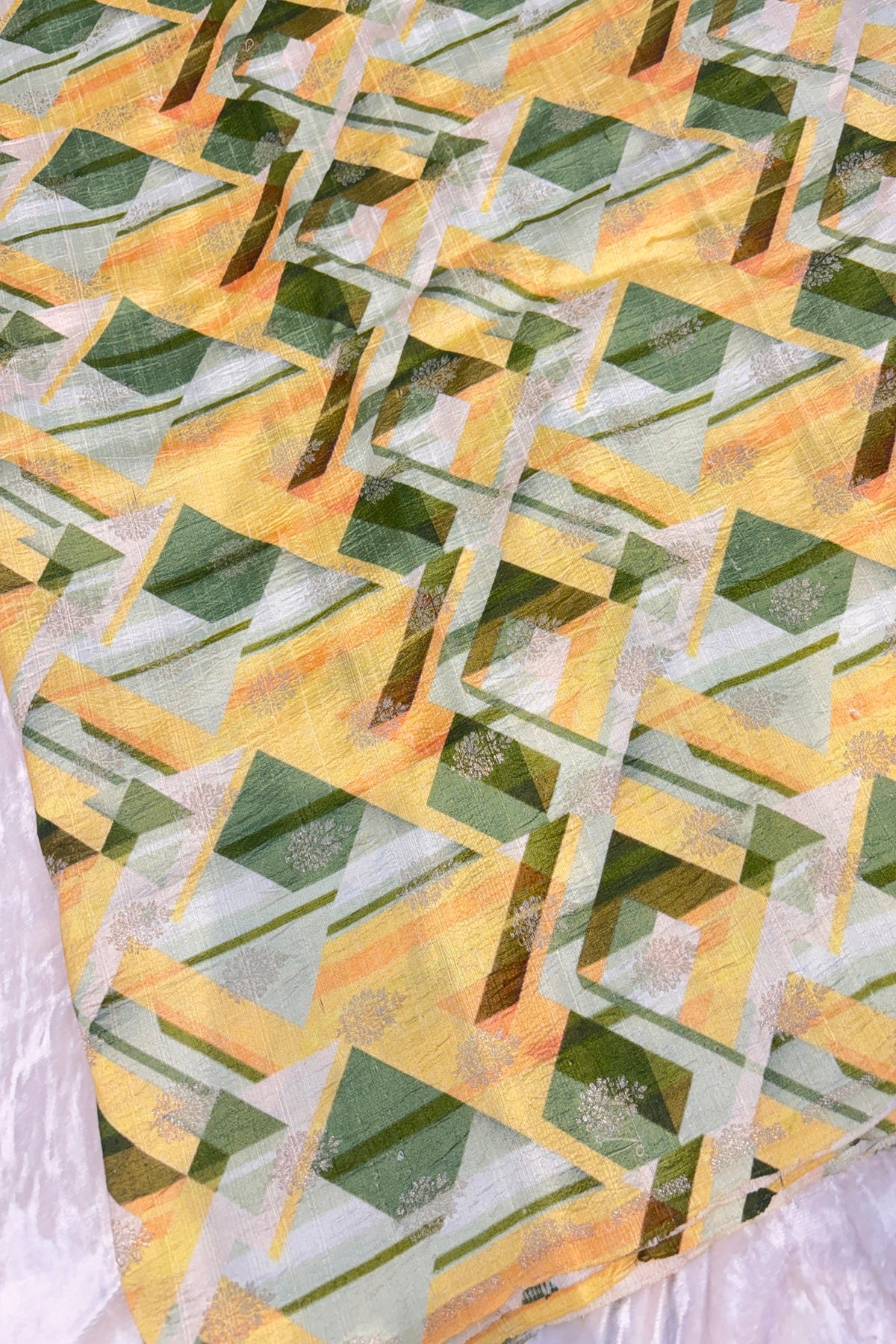 Hues Of Green & Yellow Geometrical Printed Zari Butties On Pure Rawsilk Fabric