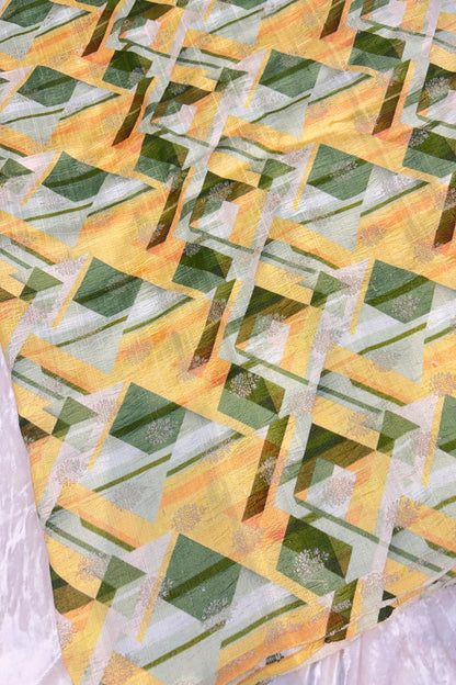 Hues Of Green & Yellow Geometrical Printed Zari Butties On Pure Rawsilk Fabric