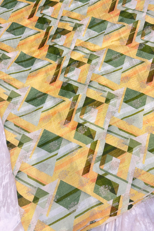 Hues Of Green & Yellow Geometrical Printed Zari Butties On Pure Rawsilk Fabric