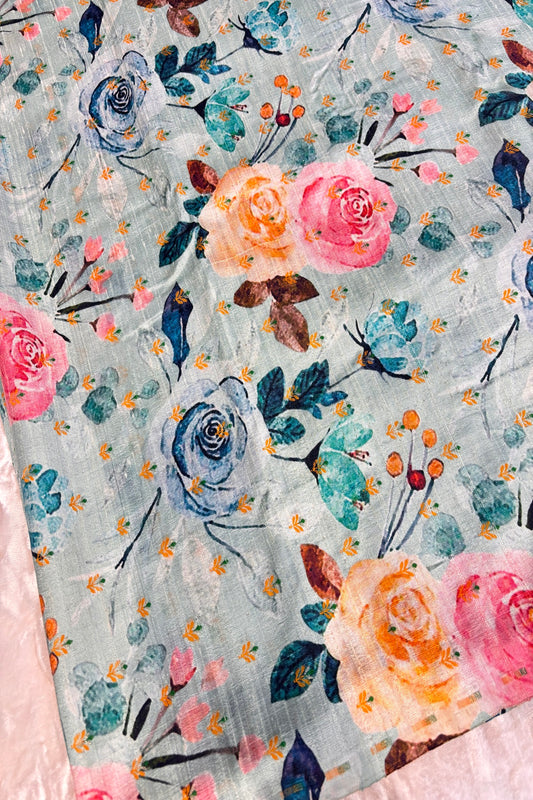 Pastel Turquoise Blue Printed Zari Butties On Pure Rawsilk Fabric