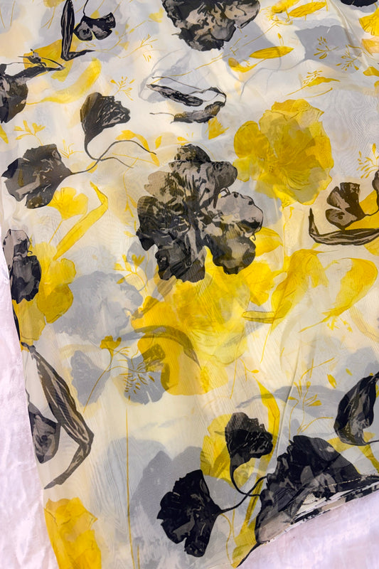 Lemon Yellow & Black Floral Printed Organza Fabric