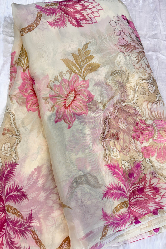 Pearl Cream Creeper Floral Printed Organza Fabric