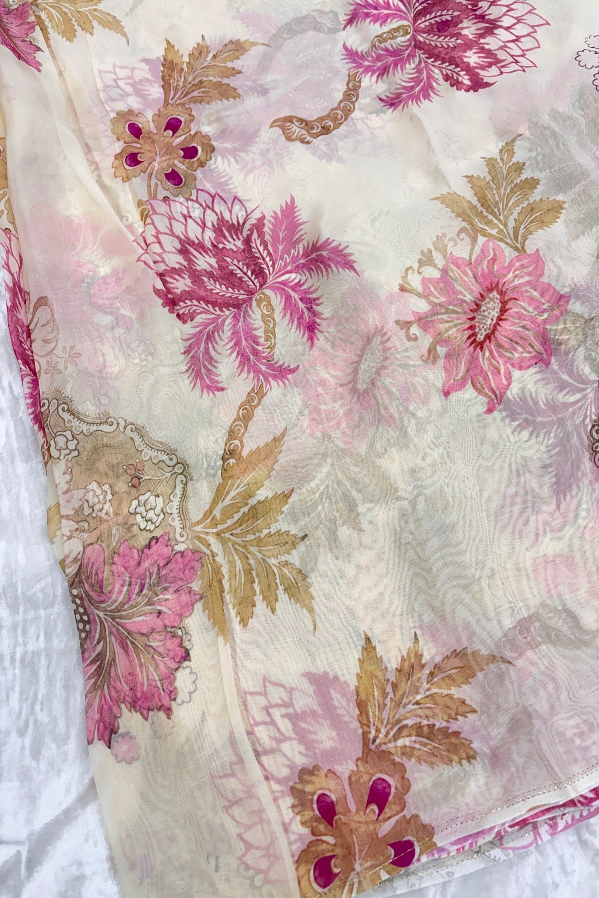 Pearl Cream Creeper Floral Printed Organza Fabric
