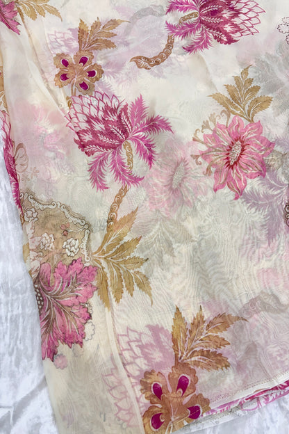 Pearl Cream Creeper Floral Printed Organza Fabric