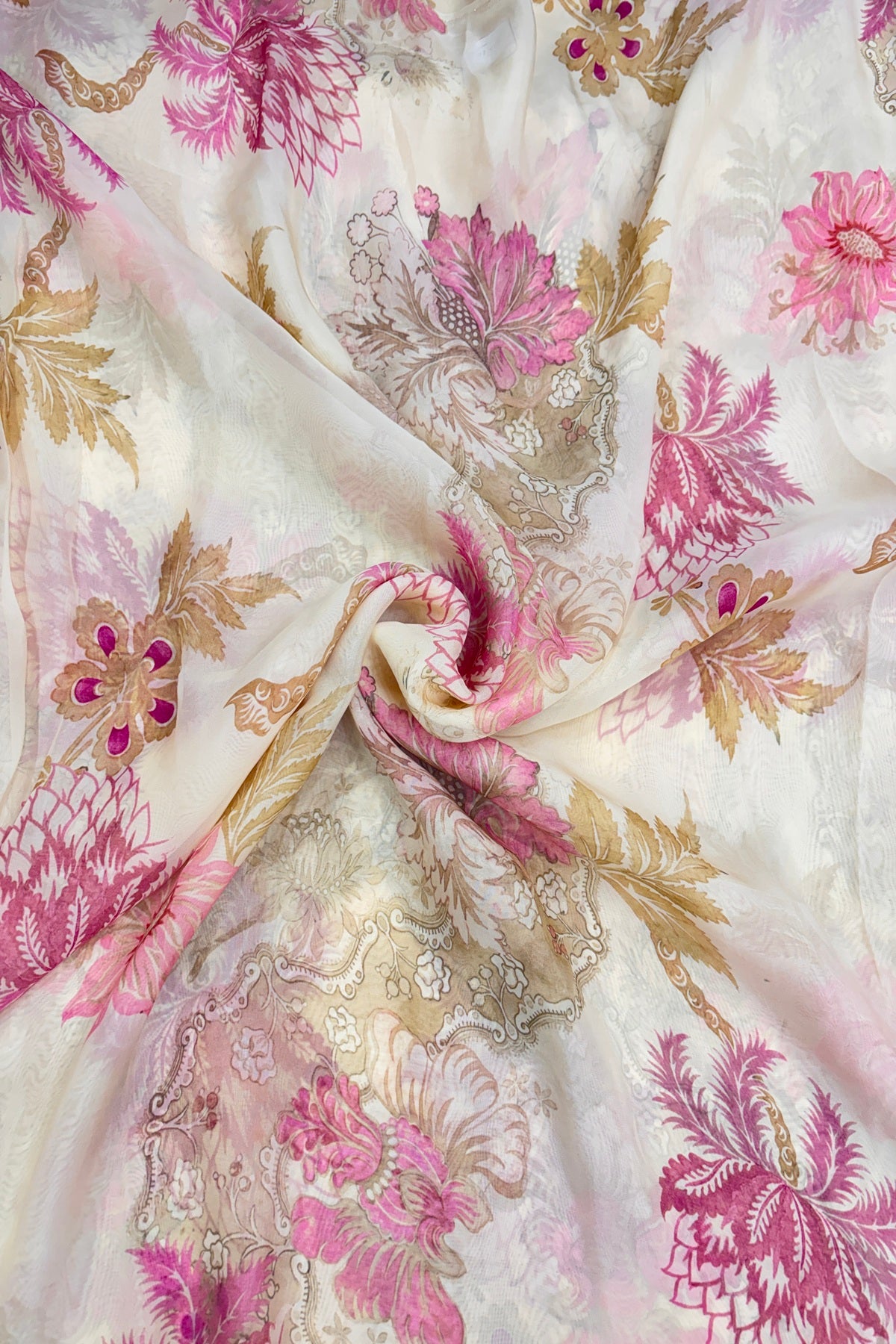 Pearl Cream Creeper Floral Printed Organza Fabric