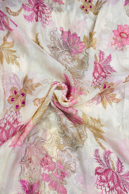 Pearl Cream Creeper Floral Printed Organza Fabric
