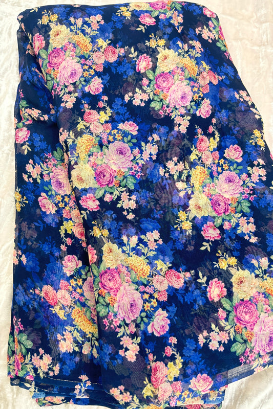 Dark Sapphire Primrose Floral Printed Organza Fabric