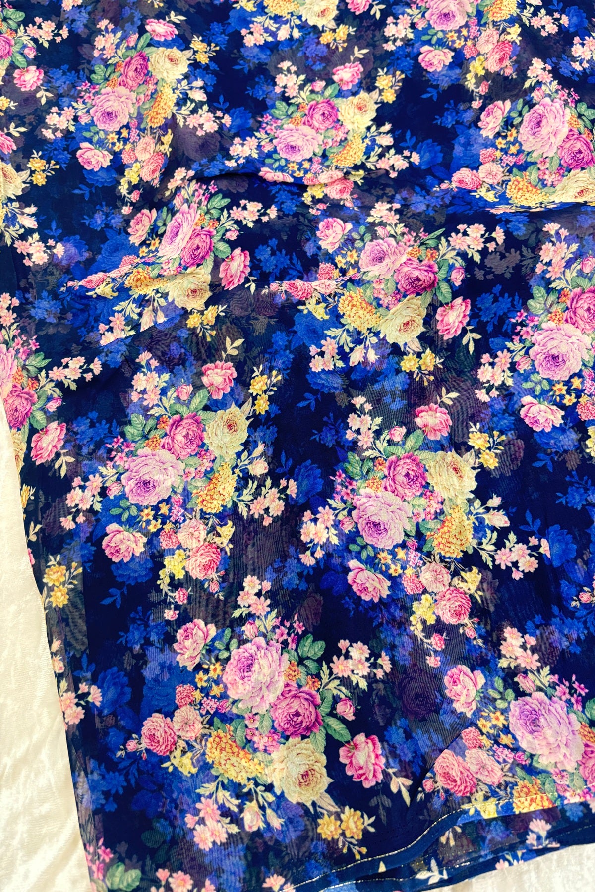 Dark Sapphire Primrose Floral Printed Organza Fabric