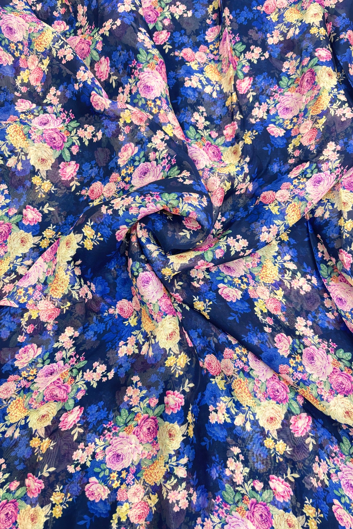 Dark Sapphire Primrose Floral Printed Organza Fabric