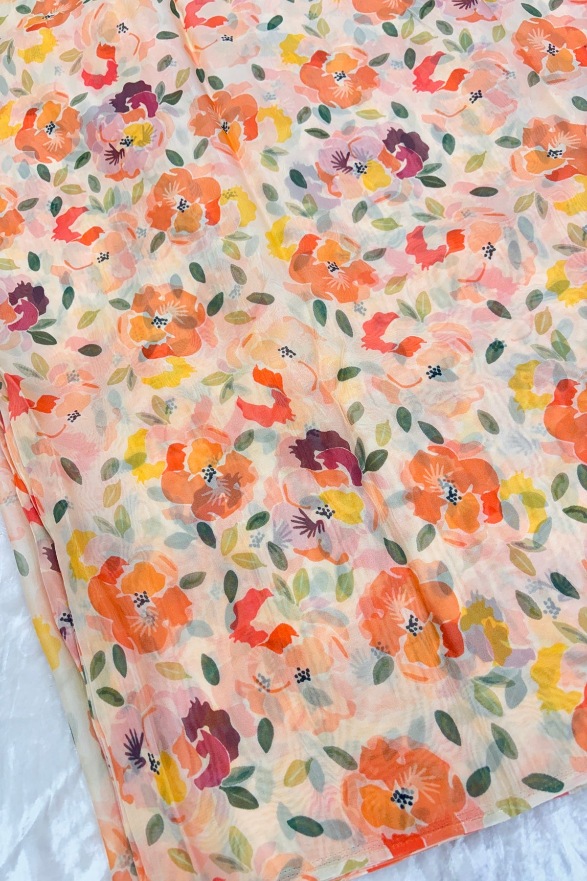 Apricot Peach Scattered Floral Printed Organza Fabric