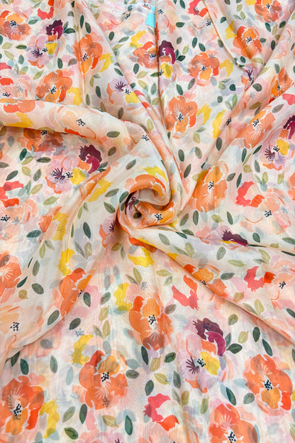 Apricot Peach Scattered Floral Printed Organza Fabric