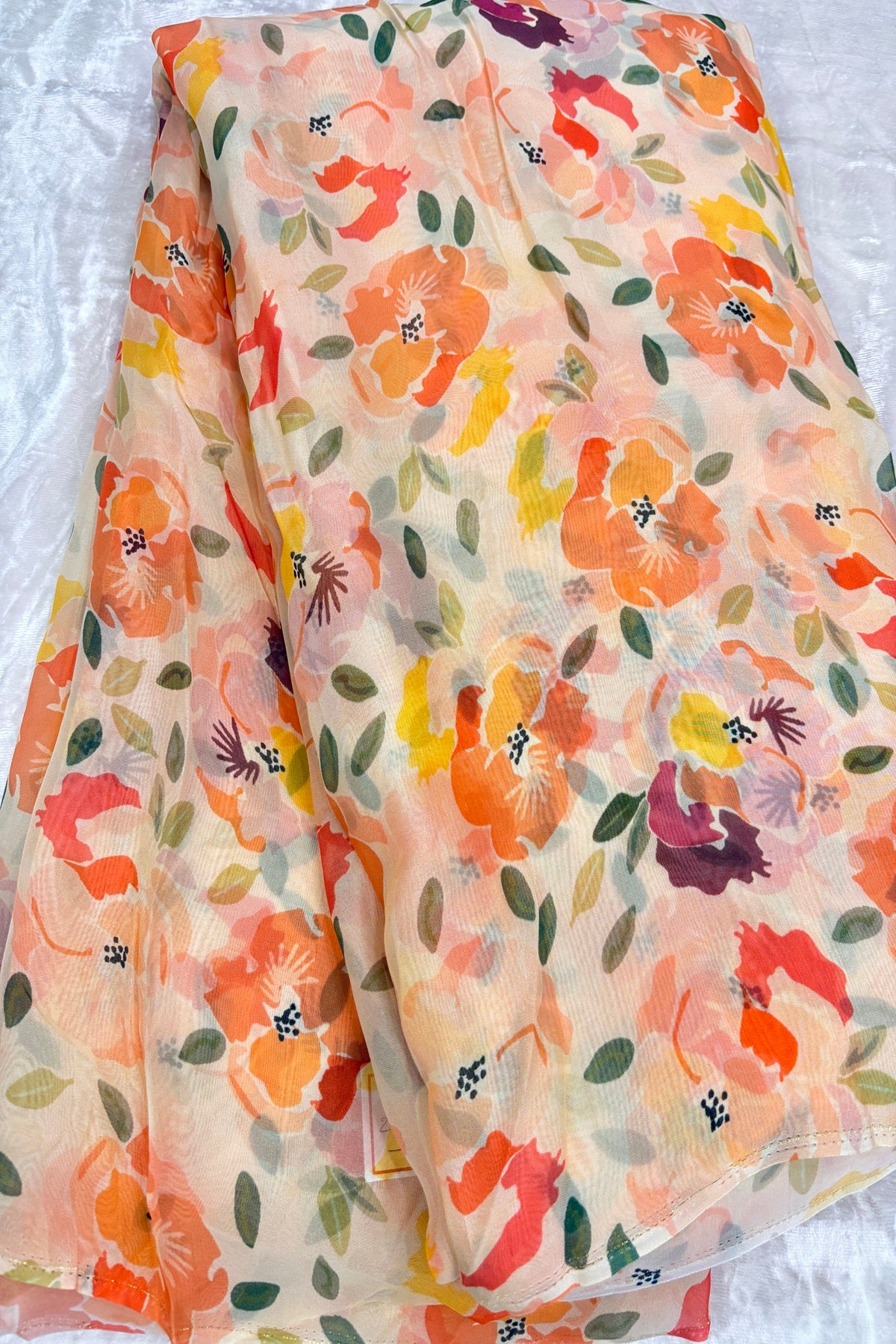 Apricot Peach Scattered Floral Printed Organza Fabric