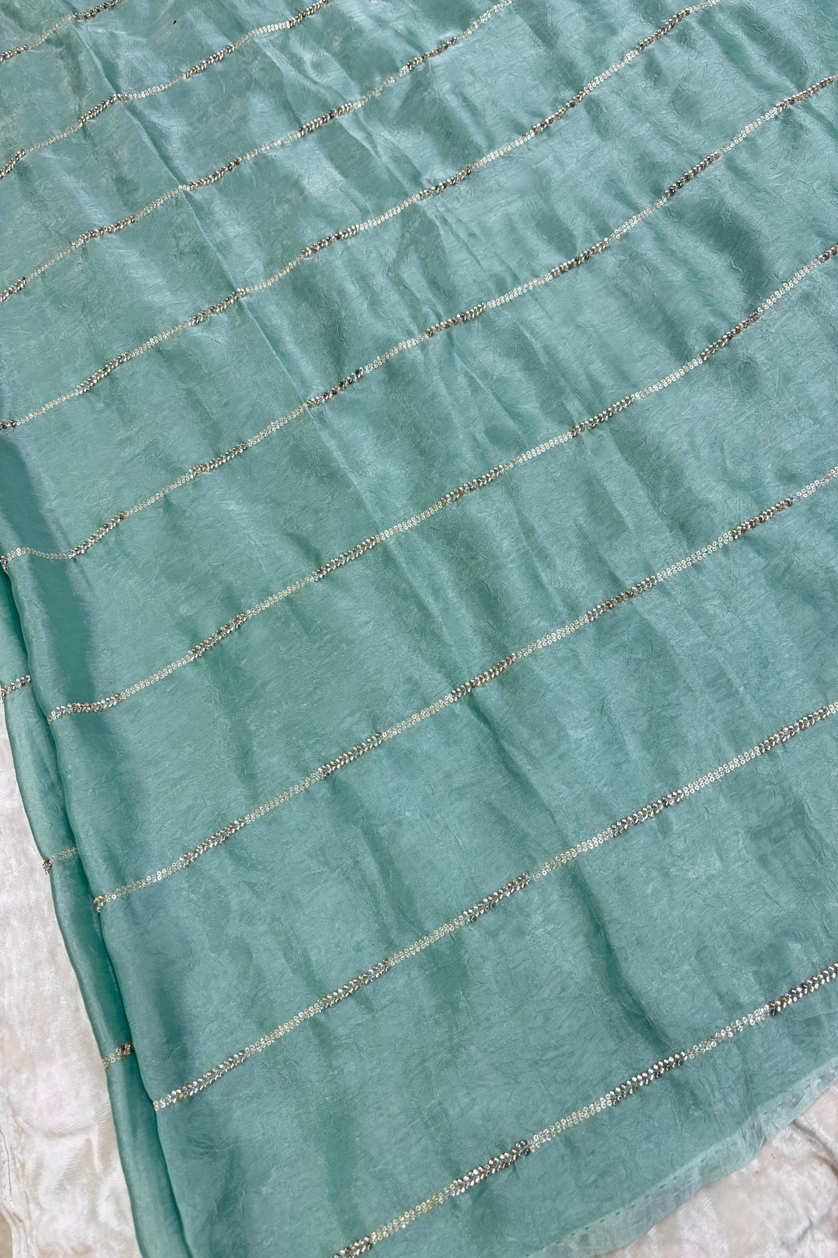 Cut Beads & Sequins Horizontal Lines Embroidered Space Silk Fabric