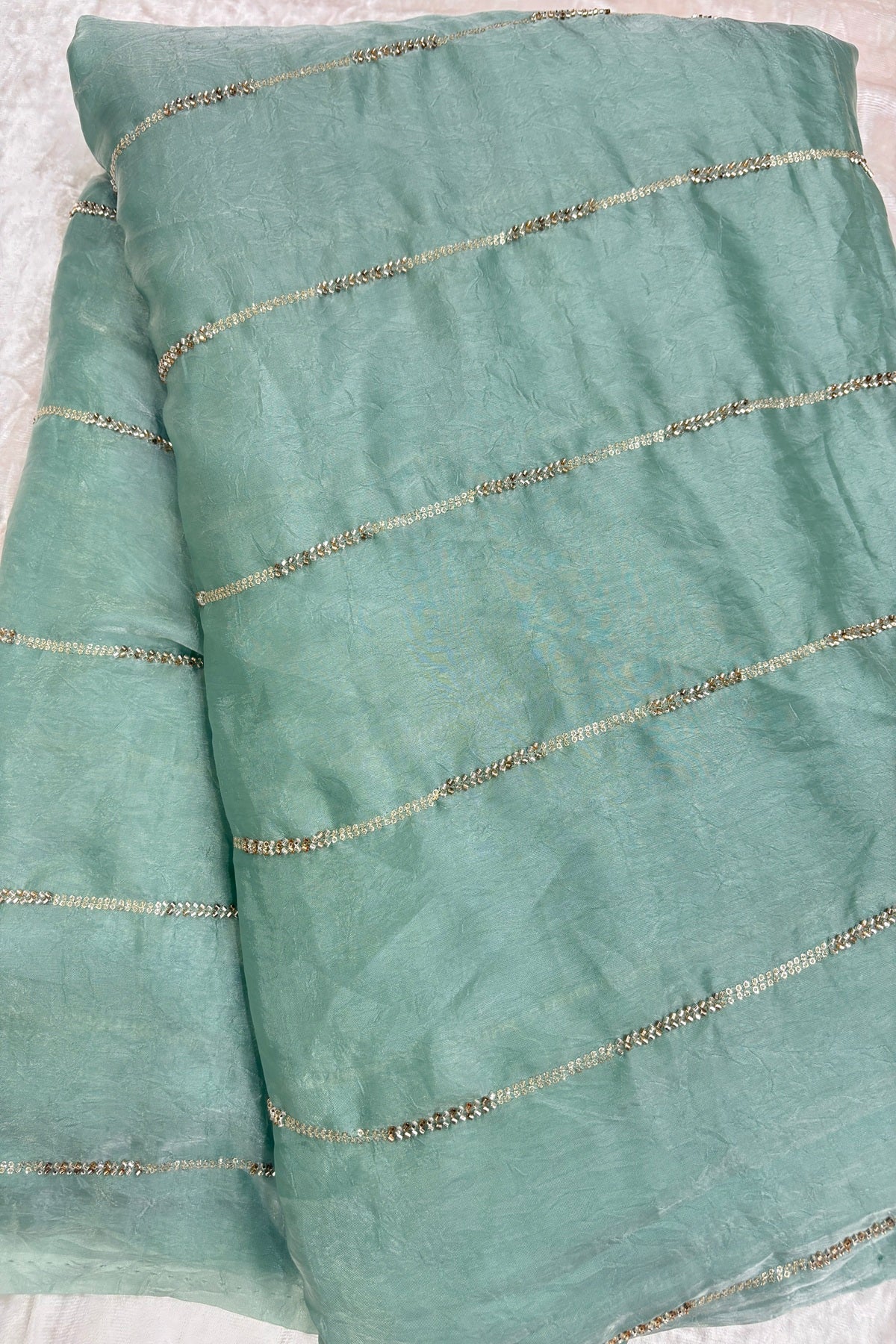 Cut Beads & Sequins Horizontal Lines Embroidered Space Silk Fabric
