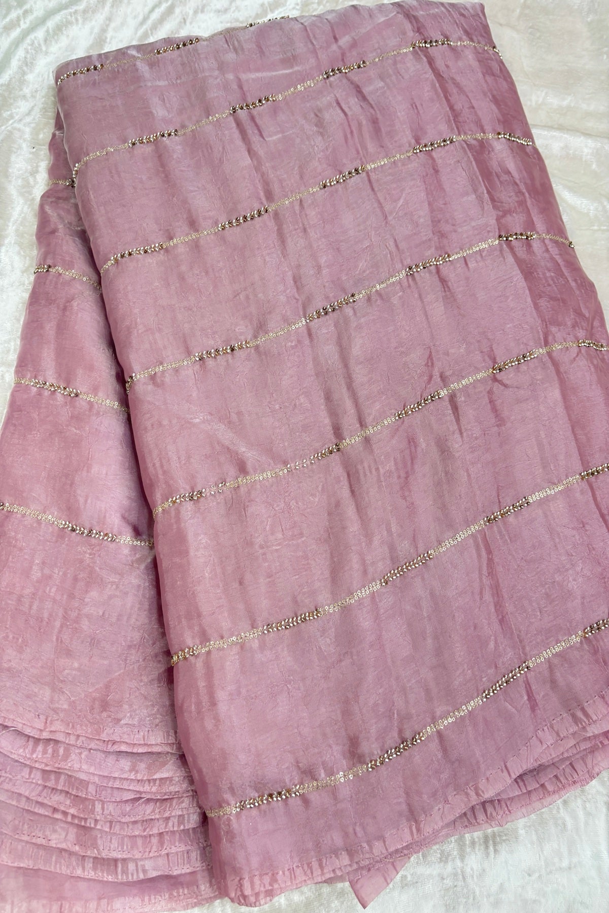 Cut Beads & Sequins Horizontal Lines Embroidered Space Silk Fabric